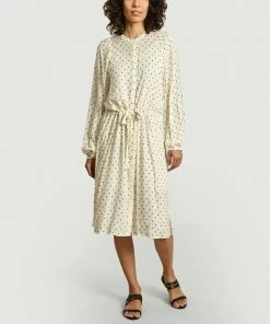 Second Female Cream Printed Dress With Adjustable Belt