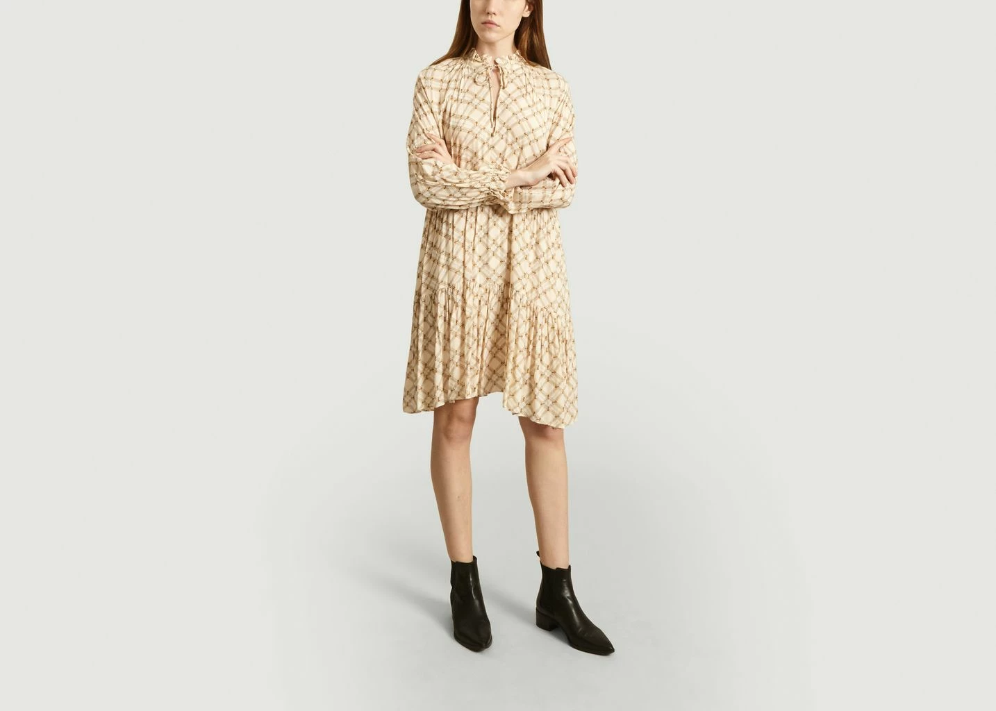 Second Female Cream Katt Printed Mid Length Dress