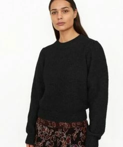 Second Female Brooky Knit Puff O Neck Black Sweater